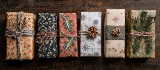 Aufkleber - Handmade Christmas gift boxes arranged beautifully on a rustic wooden surface for festive holiday celebrations