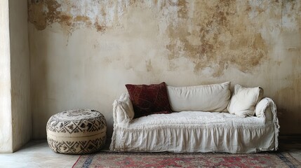 Aufkleber - Cozy vintage sofa with decorative pouf against textured wall in minimalist interior space