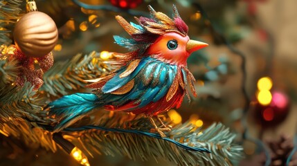 Aufkleber - Vibrant festive bird ornament on a decorated Christmas tree with warm lights creating a cheerful holiday ambiance