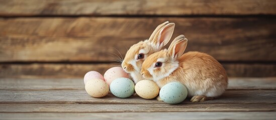 Poster - Easter rabbits with pastel colored eggs on rustic wooden surface for festive spring decoration concept