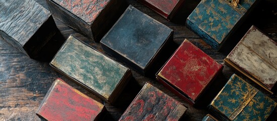 Aufkleber - Handmade Christmas gift boxes arranged artistically on a rustic wooden surface viewed from above in a festive holiday setting