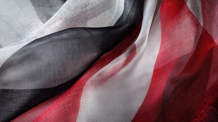 Fototapete - Close up of contemporary sheer curtain fabric in black red and white flowing gracefully with soft light and texture details