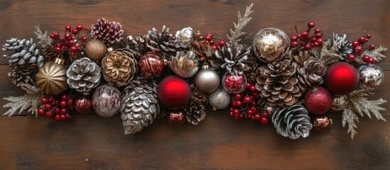 Aufkleber - Festive holiday decoration featuring pinecones and ornaments in brown, silver, and red hues on a rustic wooden background.