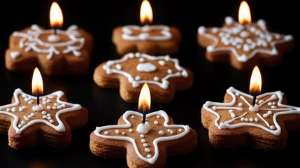 Poster - Gingerbread shaped candles adorned with festive icing and glowing flames on a dark background ideal for Christmas celebrations