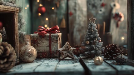 Aufkleber - Rustic Christmas Decor Featuring Toys Presents Pinecones and Ornaments on a Wooden Table with a Cozy Festive Atmosphere