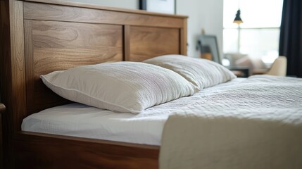 Aufkleber - Elegant wooden bed with soft pillows in a cozy bedroom setting showcasing modern interior design elements and inviting atmosphere.