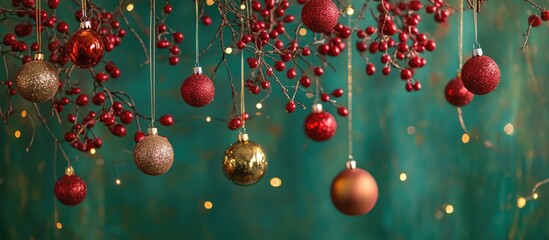 Aufkleber - Festive Christmas Ornaments and Glittering Balls with Red Berries on Green Backdrop for Holiday Decoration and Celebration Themes