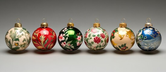 Aufkleber - Decorative hand-painted Christmas ornaments arranged in a row showcasing vibrant colors and intricate floral designs on a neutral background