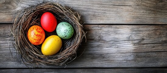 Fototapete - Colorful Easter eggs nestled in a rustic nest on a weathered wooden table creating a vibrant spring ambiance for festive celebrations