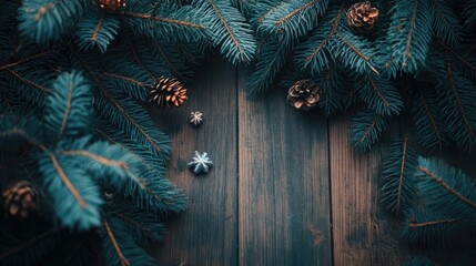 Aufkleber - Christmas tree branches with pine cones and ornaments on rustic wooden background for winter holiday celebrations