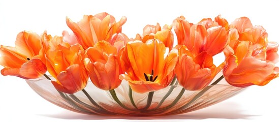 Aufkleber - Stunning close-up of vibrant orange tulips beautifully arranged in a glass vase against a clean white background for floral decoration.