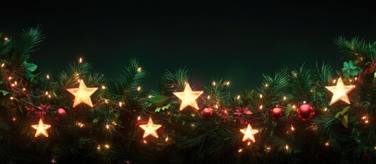 Aufkleber - Christmas tree garland with illuminated stars and ornaments festive decorations glowing against a dark background