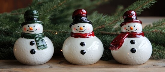 Aufkleber - Charming ceramic snowman ornaments with festive hats and scarves surrounded by evergreen branches. Perfect for holiday decorations and cheer.