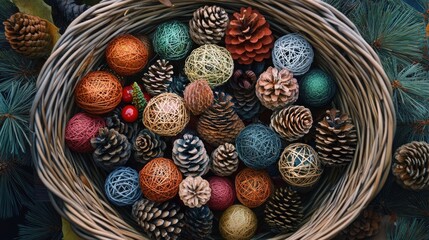 Aufkleber - Colorful Christmas ornaments and pinecones in a woven basket surrounded by evergreen branches festive holiday decor concept
