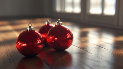 Aufkleber - Christmas themed red ornaments beautifully arranged on a rustic wooden table with soft natural lighting and a cozy atmosphere.
