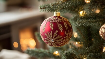 Aufkleber - Elegant red Christmas tree ornament with intricate gold design hanging on a beautifully decorated tree in a festive indoor setting.