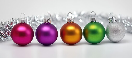 Aufkleber - Vibrant assortment of Christmas ornaments in bold colors resting on silver garland creating a festive holiday atmosphere for celebrations