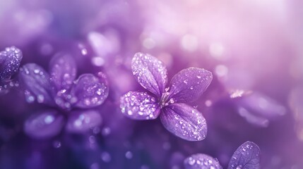 Poster - Macro photography of delicate violet flowers adorned with dew drops resembling precious jewels in soft light ambiance.