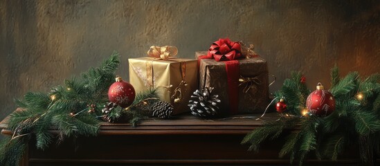 Aufkleber - Elegant Christmas still life showcasing beautifully wrapped gifts, festive ornaments, and natural decorations on a rustic tabletop.