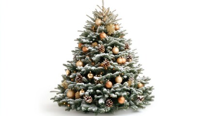 Aufkleber - Elegant Christmas tree adorned with golden ornaments and pinecones set against a white background, capturing a festive holiday spirit.