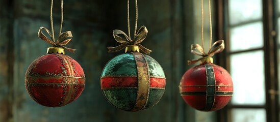 Aufkleber - Vintage Christmas ornaments in vibrant colors hanging with bows against a rustic backdrop for holiday decor and festive themes