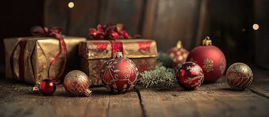 Poster - Christmas ornaments and wrapped gifts on a rustic wooden table creating a warm festive atmosphere for holiday celebrations