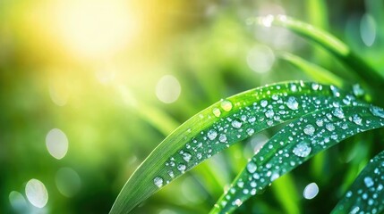 Poster - Closeup of dew-covered green fern leaf with blurred vibrant background and sunlight creating a serene natural atmosphere