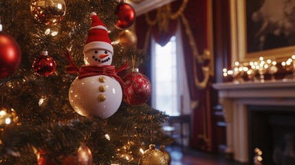 Aufkleber - Elegant Christmas tree adorned with red and gold ornaments featuring a delightful snowman ornament in a festive interior setting.