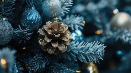 Aufkleber - Festive close-up of Christmas tree decorations featuring colorful ornaments and a sparkling gold pine cone amidst frosted branches