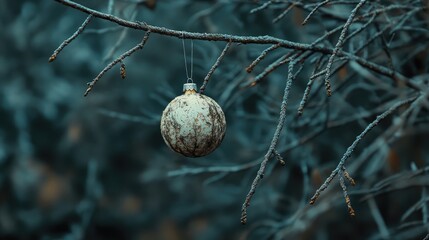 Aufkleber - Vintage Christmas ornament hanging from a snow-covered tree branch in a serene winter landscape