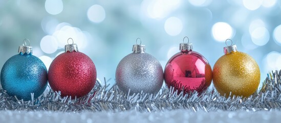 Aufkleber - Colorful Christmas ornaments in a row with silver garland and shimmering background creating a festive holiday atmosphere