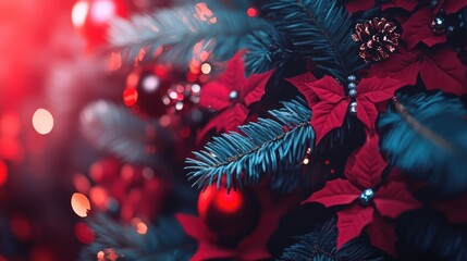 Poster - Festive close-up of a beautifully decorated Christmas tree with red ornaments and poinsettias creating a warm holiday atmosphere