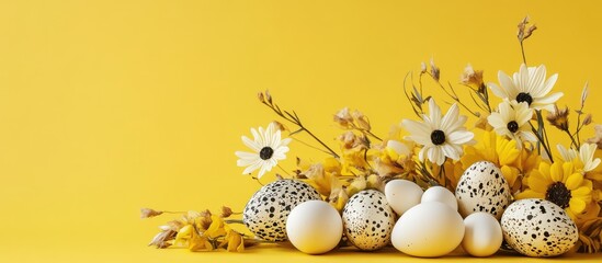 Fototapete - Quail eggs arranged with artificial flowers on a bright yellow backdrop showcasing a cheerful spring or Easter theme.
