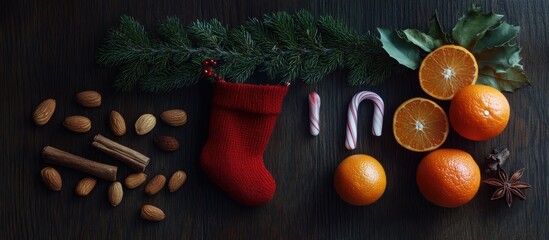 Aufkleber - Christmas stocking surrounded by tangerines candy canes almonds cinnamon and fir branches on rustic wooden background