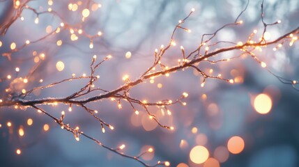 Poster - Decorative branches of a Christmas tree illuminated with soft glowing lights and vibrant bokeh effects in a winter setting.