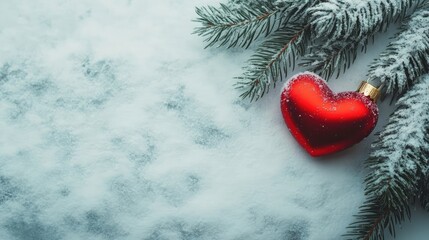 Poster - Christmas tree branch with heart ornament on snowy table top view festive decorations winter holiday season copy space