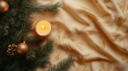 Poster - Christmas tree branches adorned with ornaments and a candle on a soft golden fabric background for a cozy holiday atmosphere.