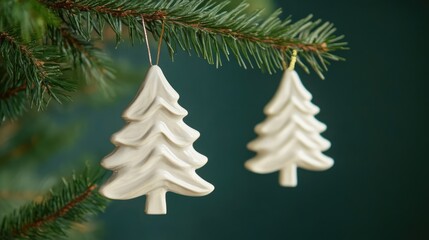 Aufkleber - Elegant Christmas tree decorations hanging from branches on a festive green background perfect for holiday themes and seasonal promotions