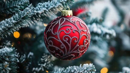 Aufkleber - Elegant red Christmas ornament with intricate design hanging on frosted tree branch against a blurred festive background.