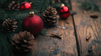 Poster - Festive red Christmas ornaments surrounded by pine cones on a rustic wooden table creating a warm holiday atmosphere.