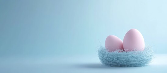 Aufkleber - Pastel Easter eggs in a nest on a minimal blue background creating a serene holiday atmosphere for seasonal decor and celebration.