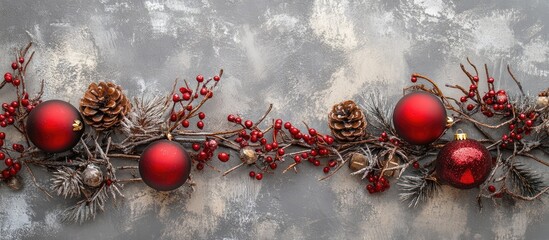 Poster - Festive Christmas greeting card design with red ornaments and pine cones on a textured gray backdrop with ample empty space for text.
