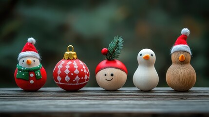 Aufkleber - Colorful Christmas toys arranged on a rustic wooden table creating a festive holiday atmosphere and charm for seasonal decorations.