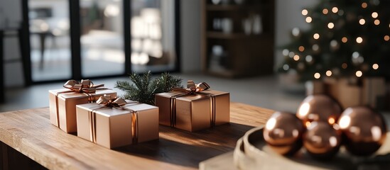 Aufkleber - Festive display of elegant gift boxes and ornaments on a rustic wooden table with blurred Christmas tree in a cozy interior setting