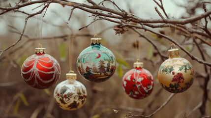 Aufkleber - Vintage Christmas ornaments hanging on bare branches creating a nostalgic and festive atmosphere in a winter setting.