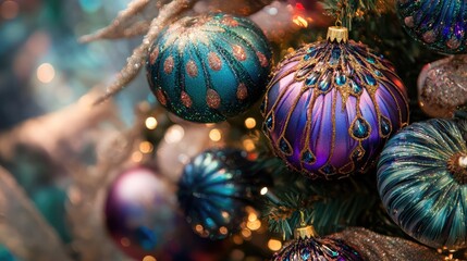 Poster - Beautifully embellished Christmas tree ornaments in vibrant colors and intricate designs against a softly lit holiday backdrop.