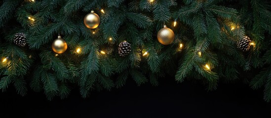 Poster - Christmas ornaments backdrop with snow-covered fir branches golden baubles and warm glowing lights festive holiday scene decoration