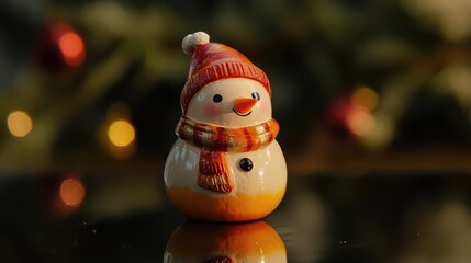 Aufkleber - Snowman Christmas toy with festive colors reflecting on glossy surface surrounded by holiday decorations and soft bokeh lights.