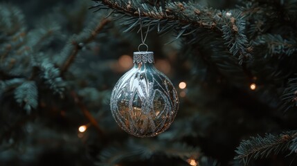 Aufkleber - Elegant silver Christmas ornament hanging on a festive tree branch adorned with glowing lights and lush green needles.