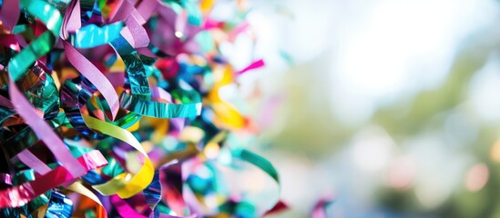 Poster - Vibrant confetti and streamers creating a colorful backdrop with soft focus for festive celebrations and events on a white background